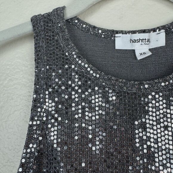 Hashttag In Trend High Neck Sequin Disco Party Tank Top Silver XS - Picture 3 of 12